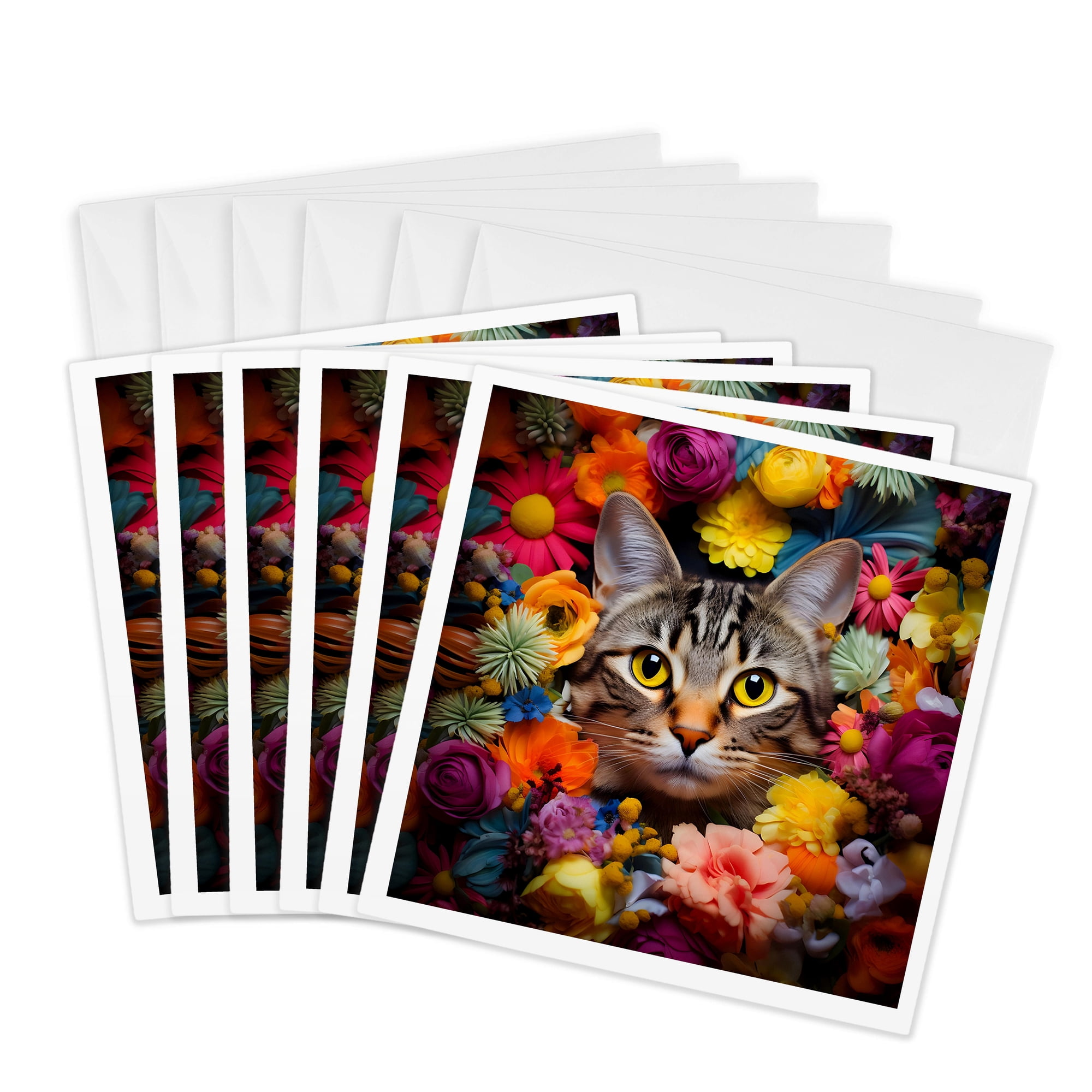 3drose American Shorthair Cat with Floral Background 6 Greeting Cards with Envelopes