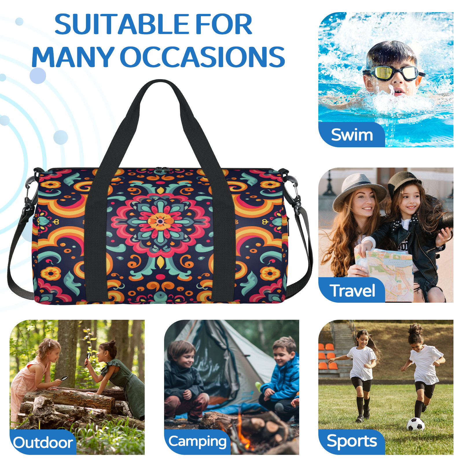 Herdesigns Mexico Floral Gym Bag for Women, Duffle Bag for Travel Sport, Colorful Flower Lightweight Waterproof Carry on Weekender Dance Yoga Workout Bags