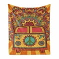 thumbnail image 1 of 70s Party Soft Flannel Fleece Throw Blanket, Hippie Vintage Mini Van Ornamental Backdrop Peace Sign Artwork, Cozy Plush for Indoor and Outdoor Use, 70" x 90", Coral Orange Turquoise, by Ambesonne, 1 of 6