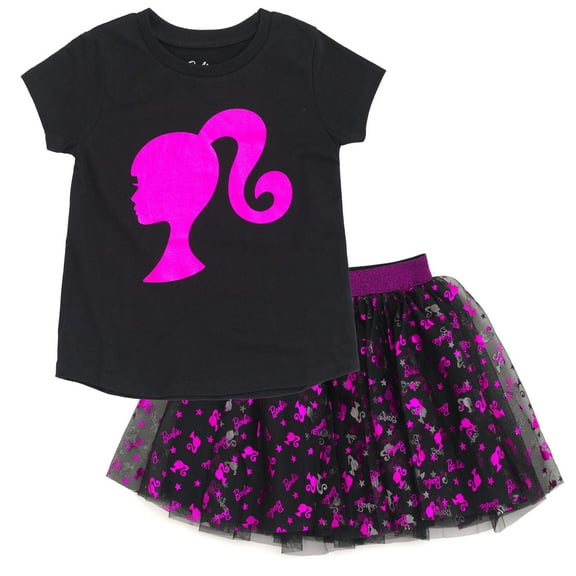 Barbie Metallic Print T-Shirt and Tulle Mesh Skirt Logo Toddler to Big Kid