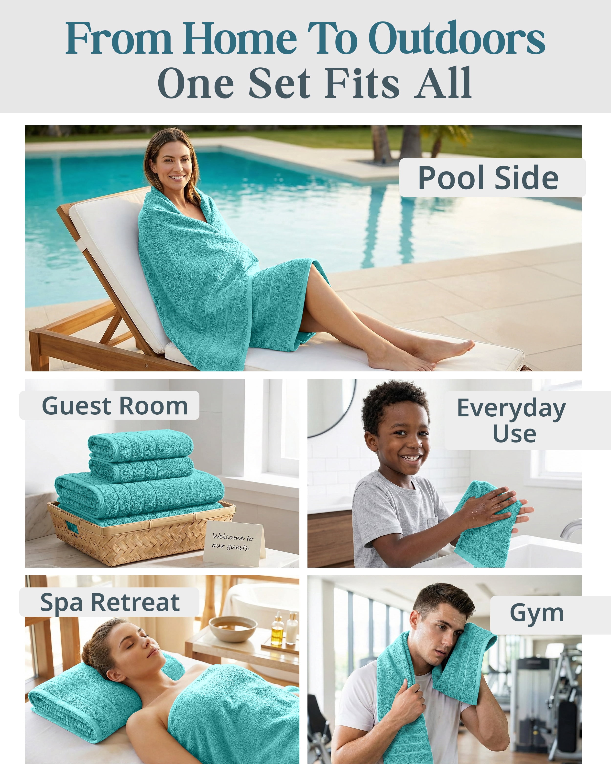 Casa Platino 12 Piece Bath Towels Set - Includes 4 Large Bath Towels, 4 Hand Towels & 4 Washcloths - Soft Absorbent Cotton Towels for Bathroom - Aqua Sky