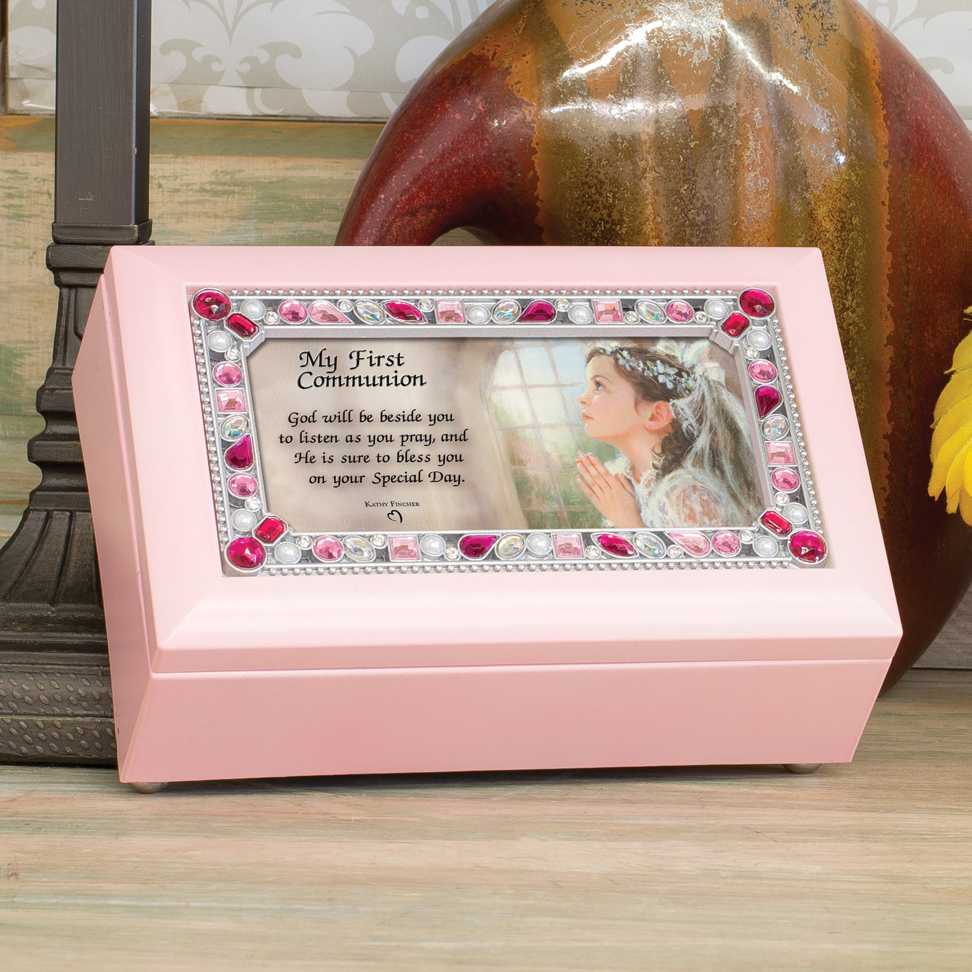 My First Communion Girl Brushed Silver Jeweled Inlay Jewelry Music Box Plays You Light Up My Life Cottage Garden 6166429