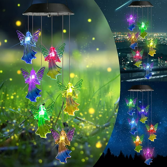 2pcs Solar Wind Chimes, Color Changing Angel Wind Chimes, LED Decorative Mobile, Waterproof Outdoor Wind Chime Lights fo