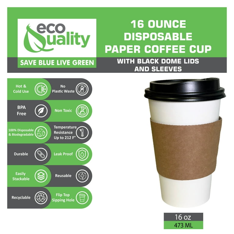 [25 Pack] 16oz Disposable White Paper Coffee Cups with Black Dome Lids and  Protective Corrugated Cup Sleeves - Perfect Disposable Travel Mug for Home