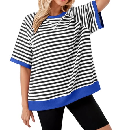 ZHOUCHANKIDS Womens Oversized T Shirts Spring Summer Tops Casual Striped Short Sleeve Shirt Trendy Comfy Pullover Tops Outfits Black XXXL
