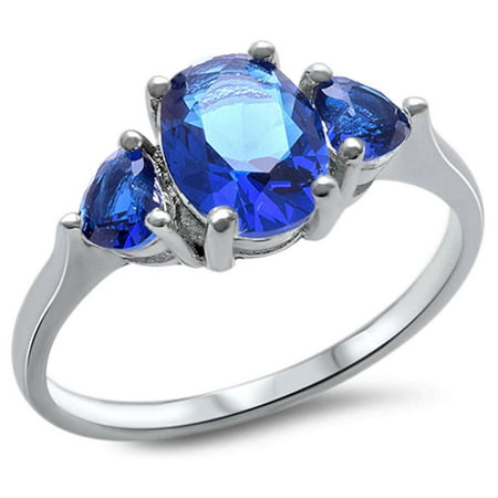 Sterling Silver Oval Lab Created White Opal & Blue Simulated Sapphire Heart Ring Sizes