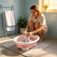 thumbnail image 5 of Medium Thickened Plastic Folding Laundry Tub Blue Round Collapsible Wash Basin, Textured Base Hanging Loop Raised Feet for Home Travel Dorm Hand Washing Vegetable Cleaning, 5 of 6