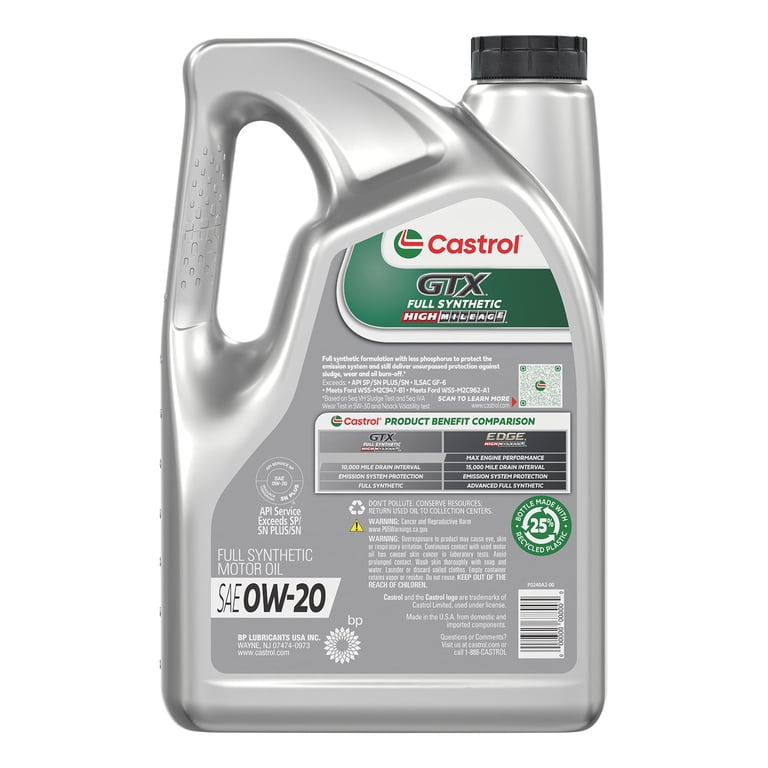 Castrol GTX Full Synthetic High Mileage 0W-20 Motor Oil, 5 Quarts