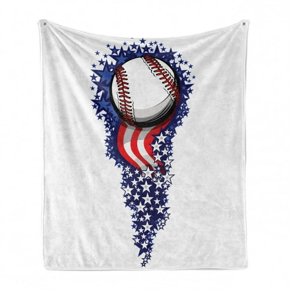 Sports Soft Flannel Fleece Throw Blanket, Stars and Stripes Patriot Baseball Celebration Holiday Flag Graphic, Cozy Plush for Indoor and Outdoor Use, 60" x 80", Purple White Red, by Ambesonne