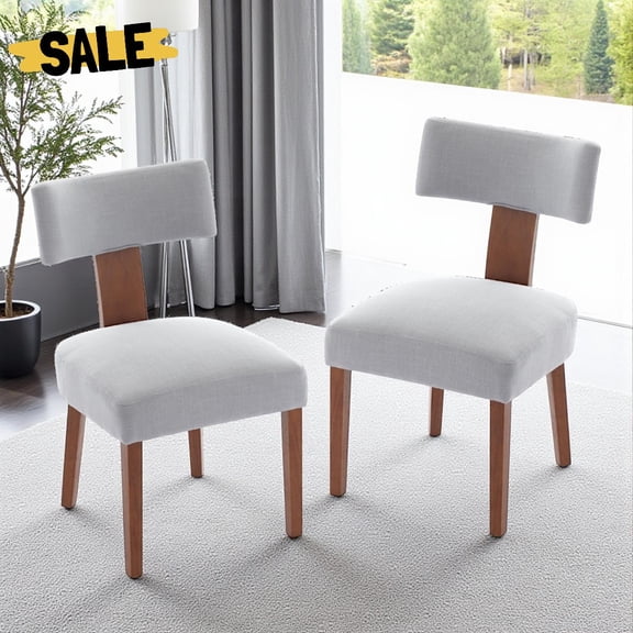 Hassch Linen Upholstered Dining Chairs Set of 2, Modern Armless Kitchen Chairs with Curved Backrest and Rubber Wood Legs, for Home Office and Living Space, Gray