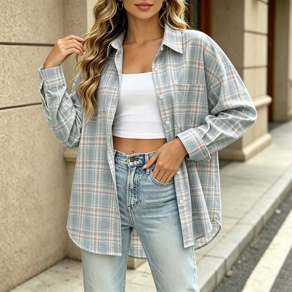 Womens Button Down Shirts Long Lightweight Sleeve Plaid Shirts Jackets Summer Loose Fit Casual Tops with Pockets (Blue1 M)