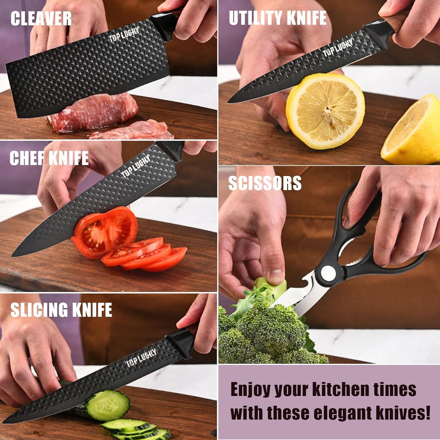 Kitchen Knife Set, 6-Piece Black Cooking Knife Set with Star Grain Blade, Sharp Stainless Steel Chef Knife Set Contains Round Knife Storage, Knives, Scissors for Home Kitchen