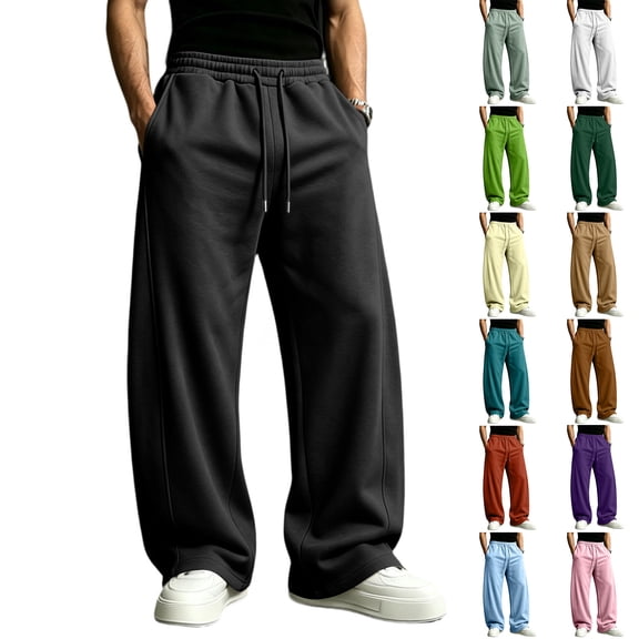 Men Casual Wide Leg Sweatpants Elastic Drawstring Loose Fit Soft Athletic Jogger Pants Outdoor Streetwear Trousers With Side Pockets L