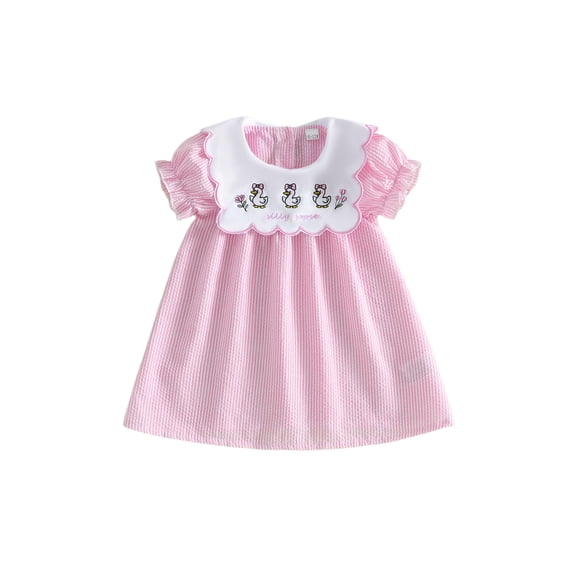 BemeyourBBs Toddler Baby Girl Summer Striped Dress Little Baby Girl Silly Goose Big Sister Outfit 12 18 24 Months 2 3 4 5 Years Scalloped Collar Puff Short Sleeve Silly Goose Floral Embroidery Dress