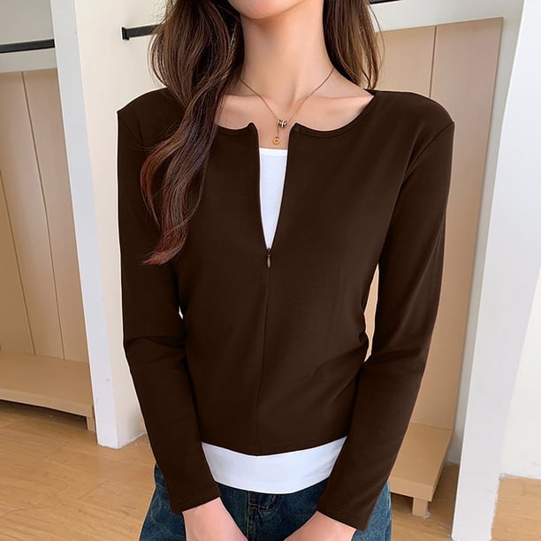 MHFRRA Camiseta de Manga Larga de Dos Piezas con Cremallera Oculta de Otoño para Una Camisa Plisada Informal. Café