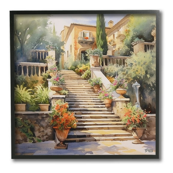 Stupell Industries Stairs to European Villa Botanical & Floral Painting Black Framed Art Print Wall Art, 12 x 12