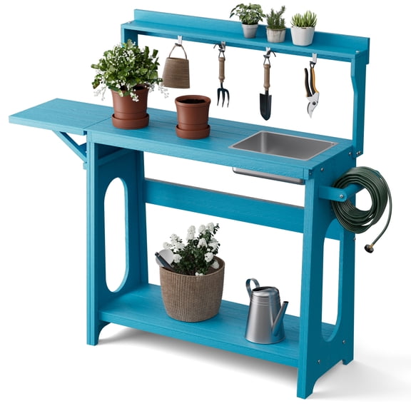 AwayHome HIPS Potting Bench with Foldable Extension&Removable Sink,All-Weather Garden Potting Table with Storage Shelves&Tool Hooks,Blue