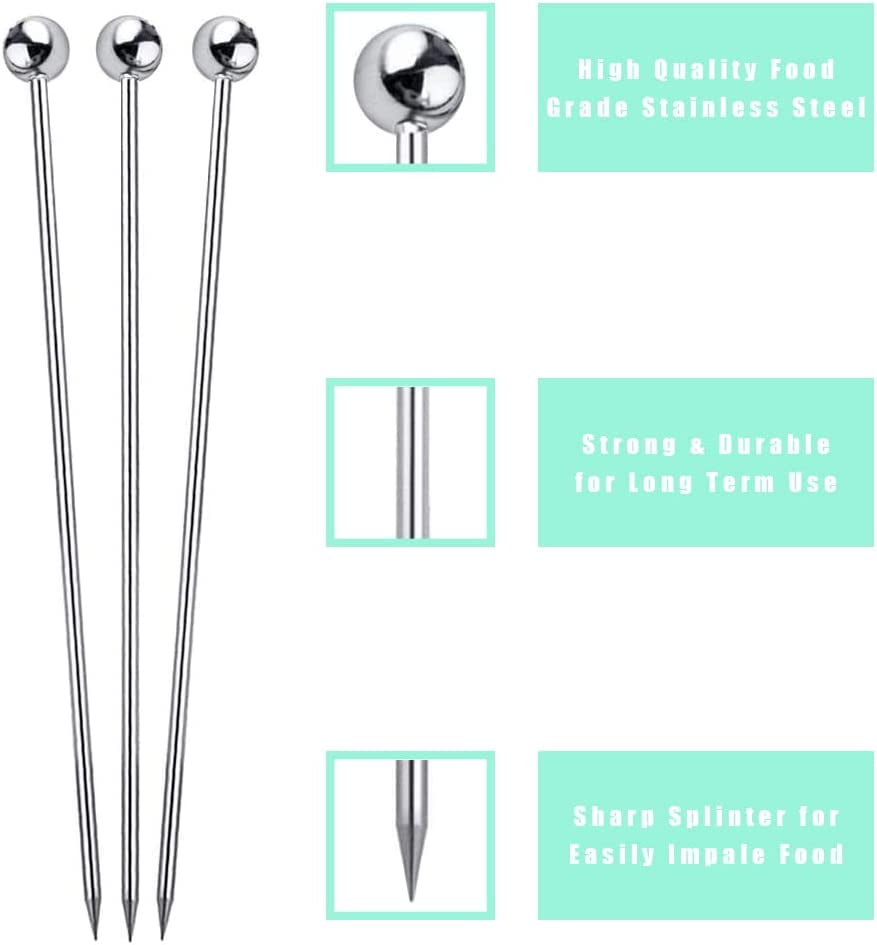 ABCISI 4.5" Metal Cocktail Picks 21Pack+Holder Jar, Premium 304 Stainless Steel Reusable Appetizer Skewers Set for Fruits, BBQ Snacks, Cocktails, Olives