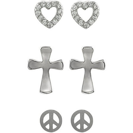 Brinley Co. Sterling Silver Cross, Peace Sign and CZ Heart Stud Earrings Set