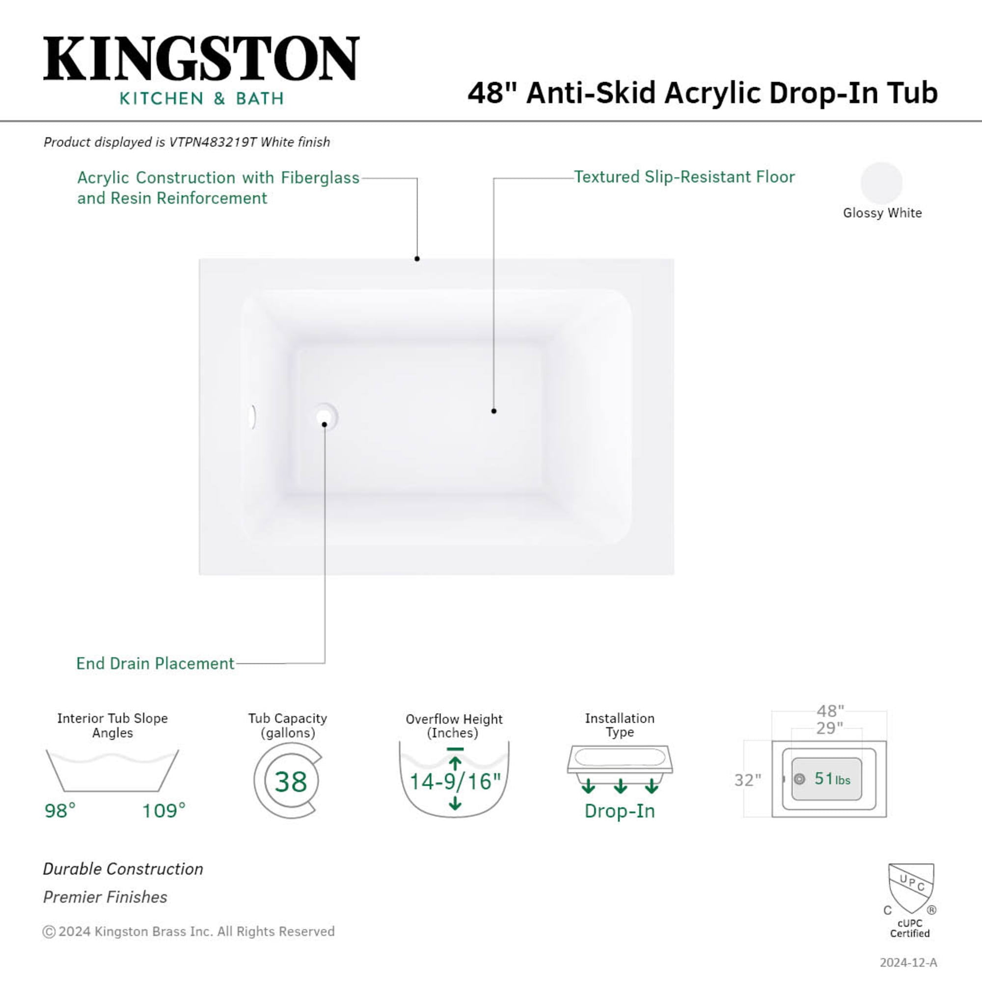 Kingston Brass VTPN483219T 48-Inch Acrylic Rectangular Drop-In Tub with Anti-Skid Surface in Glossy White