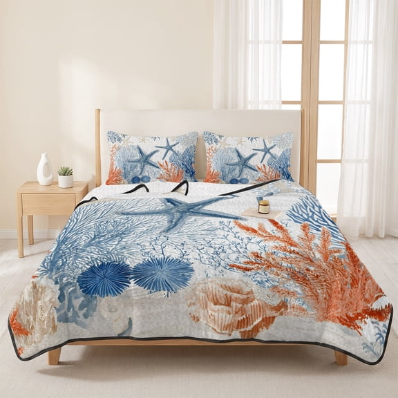 Marine Life Blue Coral Starfish 3 Pieces Quilt Set,1 Quilt with 2 Shams,Summer Ocean Theme Bedspread Soft Lightweight Bedding Coverlet Comforter Set for All Season 96"x106"