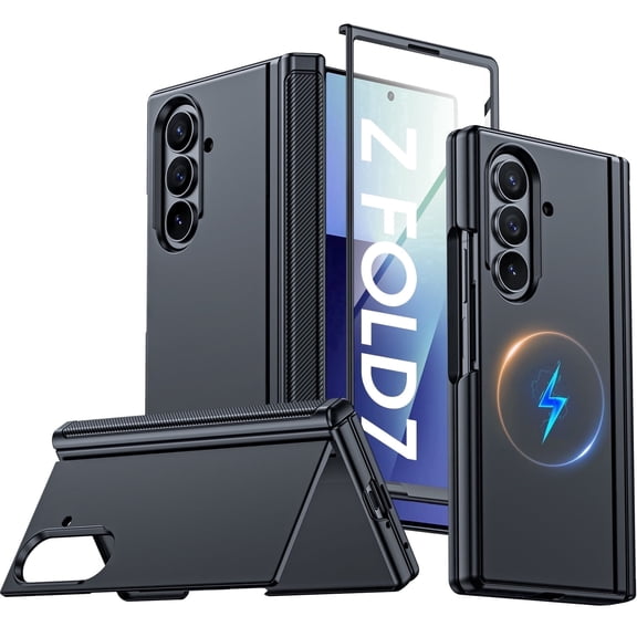 Vizvera Magnetic for Samsung Galaxy Z Fold 7 Case with Stand, Fit for Magsafe, Hinge Protection, Screen Protector, Built-in Hidden Kickstand, Slim Shockproof Phone Case for Galaxy Z Fold 7-Black
