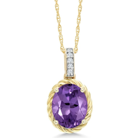 Gem Stone King 10K Yellow Gold Purple Amethyst and White Diamond Pendant Necklace for Women | 1.70 Cttw | Gemstone Birthstone | With 18 inch Chain