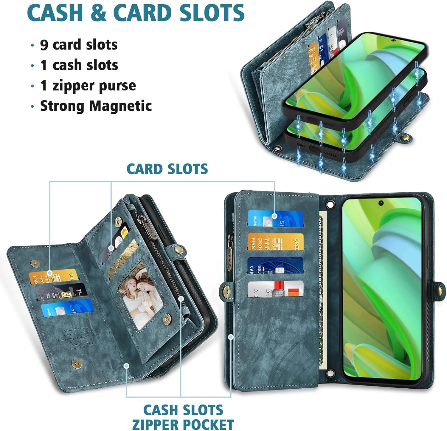 Asuwish Phone Case for Motorola Moto G Power 5G 2023 Zipper Wallet Detachable Cell Cover with Tempered Glass Screen Protector Crossbody Lanyard Strap Flip Card Holder Slot GPower G5 Women Girls Blue