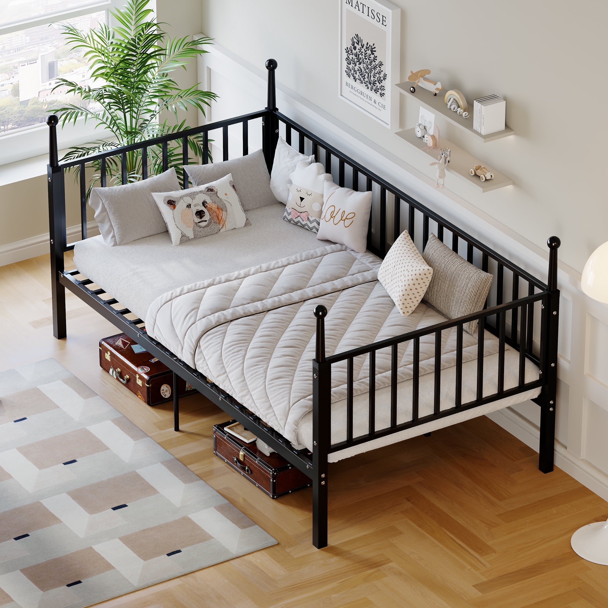 Leumius Twin Size Metal Bed Frame with Bed Posts,Sturdy and Durable,No Spring Mattress Required,Black