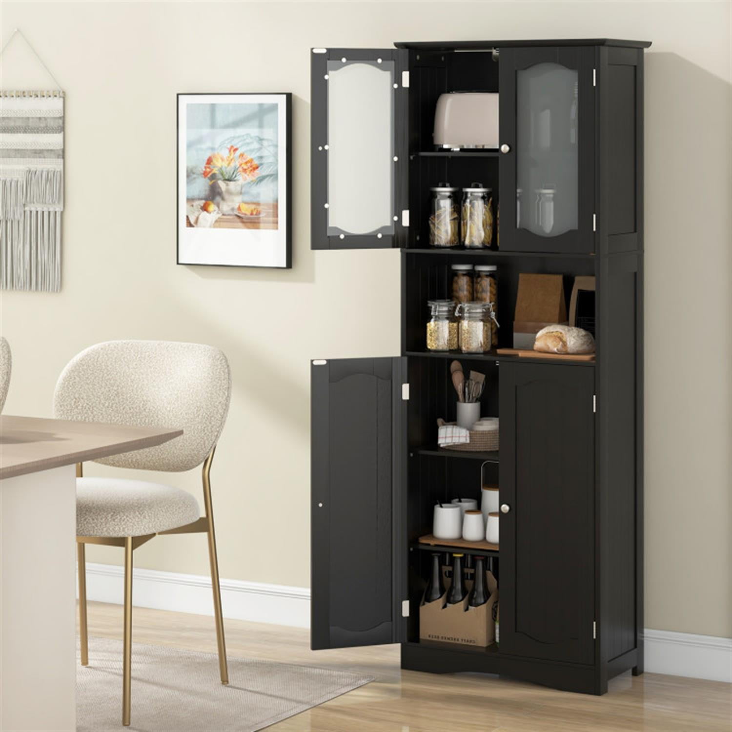 Demi Bonn 64.5" Tall Freestanding Bathroom Storage Cabinet with Frost Glass Doors and Shelves, Pantry Cabinets, Black