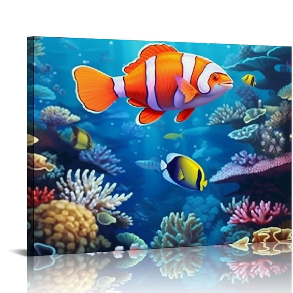COMIO 4PC Tropical Ocean Theme Canvas Wall Art Framed Colorful Fish Coral Dolphin Bathroom Wall Decor Underwater World Pictures Artwork Modern Canvas Prints Living Room Bedroom Farmhouse Home Decor