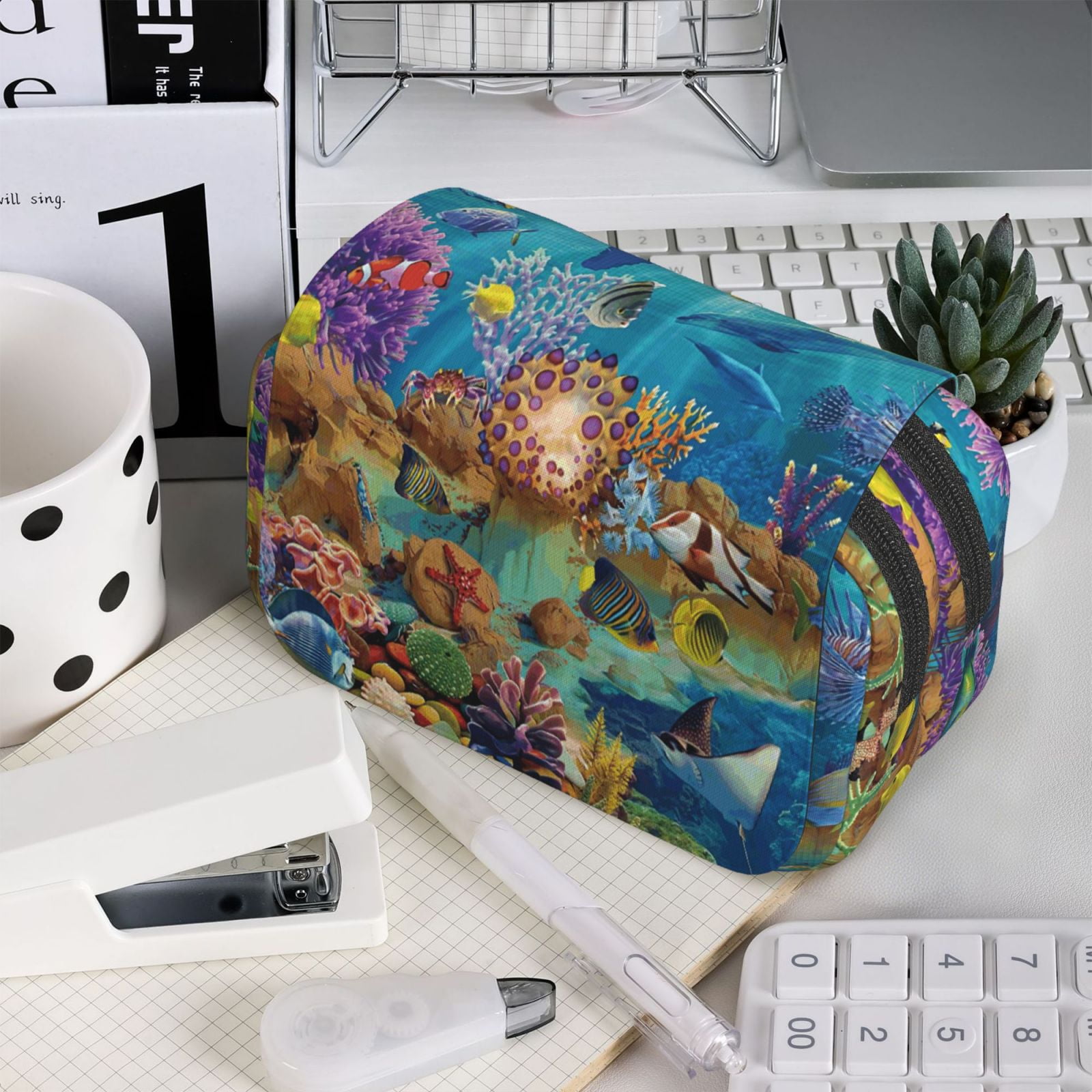 Rateoe Sea World Pattern Double Clamshell Pen Case, Storage Organizer with Two Zipper Compartments– Holds Up to 50 Pencils & Pens