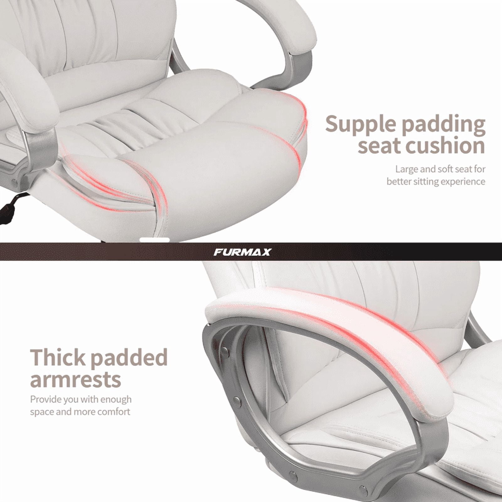 Furmax High Back Office Adjustable Ergonomic Desk Padded Armrests Executive PU Leather Swivel Task Chair with Lumbar Support, White