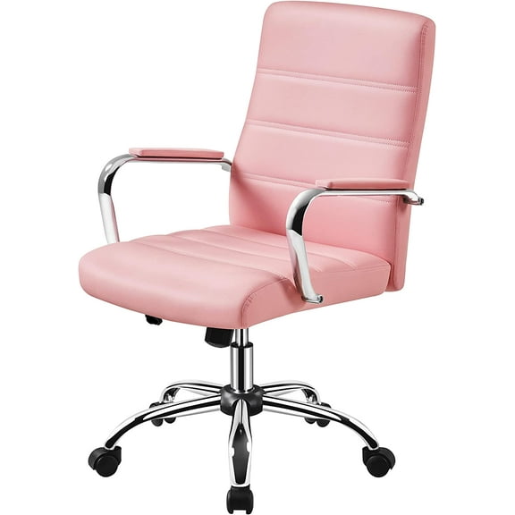 YEXJ Mid-Back Office Chair with Arms Swivel PU Leather Height Adjustable Office Executive Chair, Pink