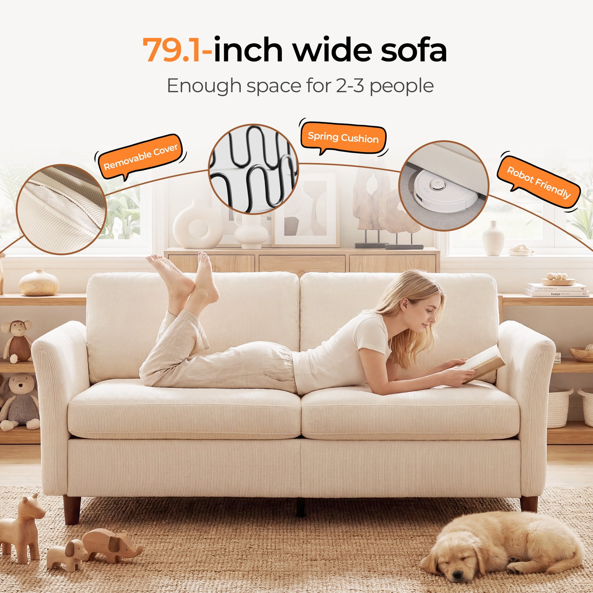 Poshby 79.1'' Comfy Couches Corduroy Sofas Loveseat 3-Seater with Side Pocket for Living Room, Beige