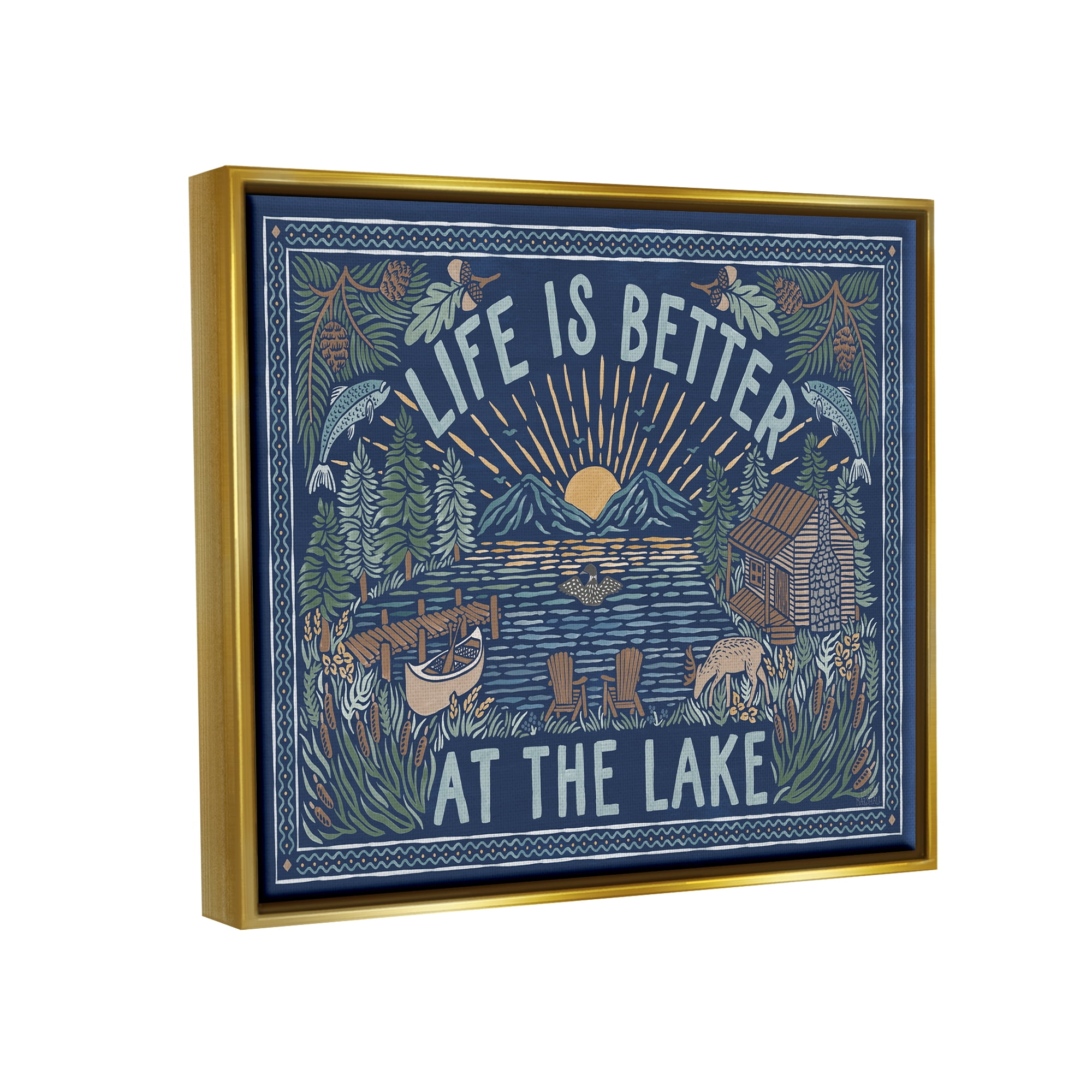 Stupell Industries Night Lake Scene Phrase Nature Painting Gold Floater Framed Art Print Wall Art, 21 x 17