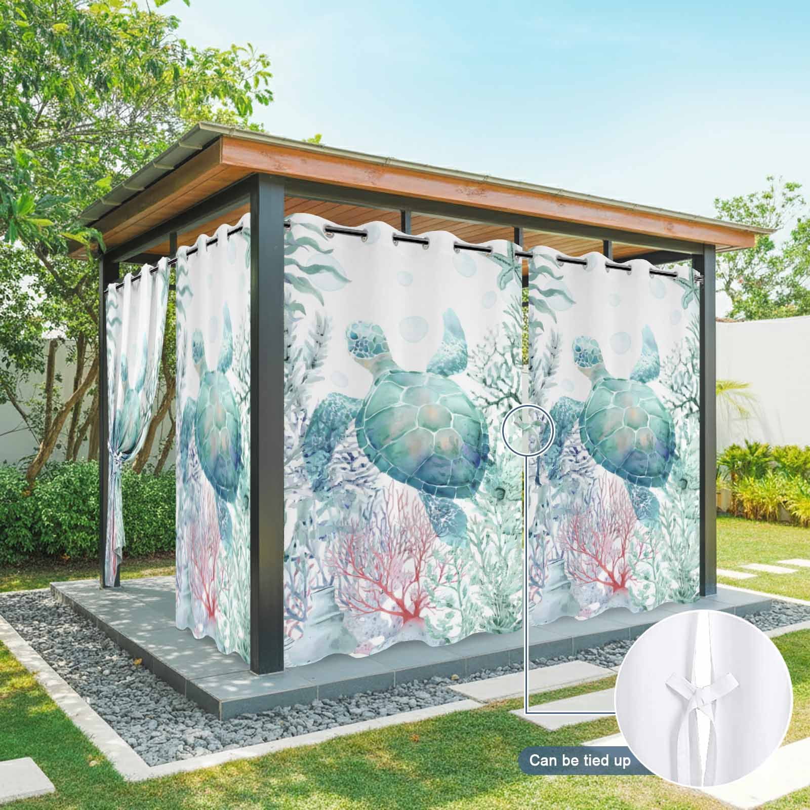 Oceans Animal Outdoor Curtains for Patio, Summer Green Sea Turtle Coral Seagrass Sunshade Privacy Drapes Grommet Waterproof Outside Curtains for Porch/Cabana/Balcony 54"x 108", 1 Panel