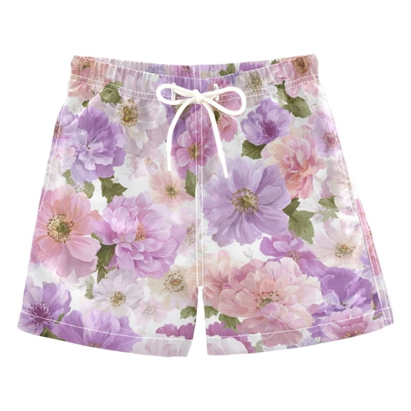 Kids' Beach Pants Comfortable Swim Trunks Lavender and Pink Flowers Shorts for Pool Vacation and Lounge Wear 2T