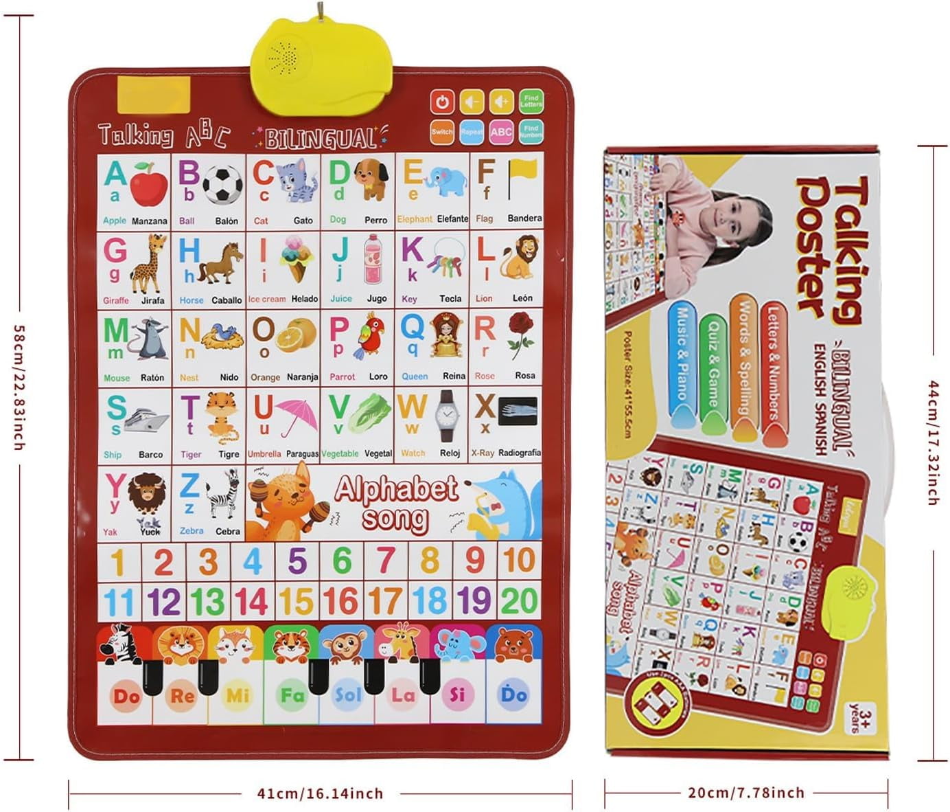 Talking Wall Chart, Bilingual English & Spanish Learning Poster with ABCs, Numbers and Piano, Interactive Educational Toy