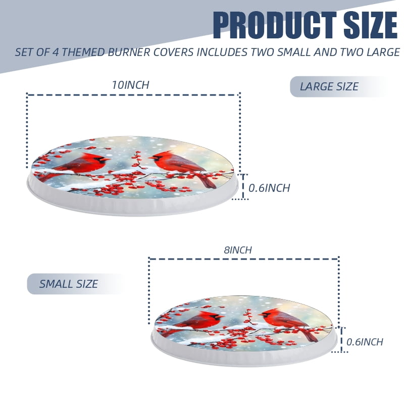 4 Pcs Christmas Gas Stove Burner Cap Set, Cardinals Christmas Snowy Winter Birds Durable Round Gas Stove Burner Covers Set of 4 for Kitchen Xmas Decor, 8 Inches and 10 Inches