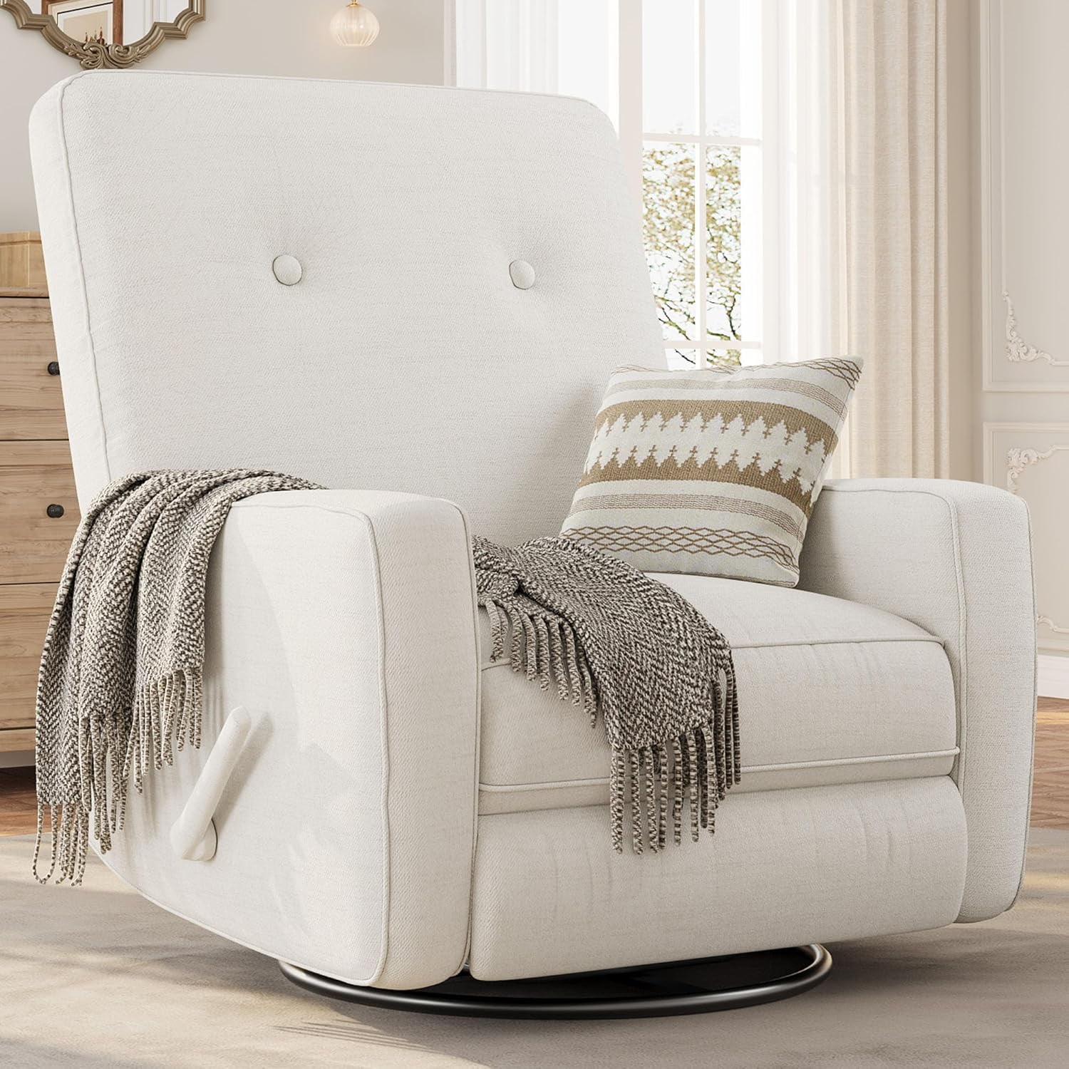 Nursery Recliner Chair, 360° Swivel Rocking Glider Chair for Adults with Adjustable Backrest & Footrest, Cozy Linen Upholstered Armchair for Living Rooms, Bedrooms, Apartments, Beige