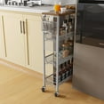 thumbnail image 3 of vhibuon Slim Rolling Cart  Rolling Spice Rack Next to Fridge  Narrow Kitchen Trolley on Wheels with Storage  Mobile 4-Tire Narrow Shelf with Mesh Basket  7.3\u201C Inch Deep  White, 3 of 9