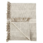 Benjara Uno 50 Inch Throw Blanket, Cotton and Linen, Woven Striped Design, Beige