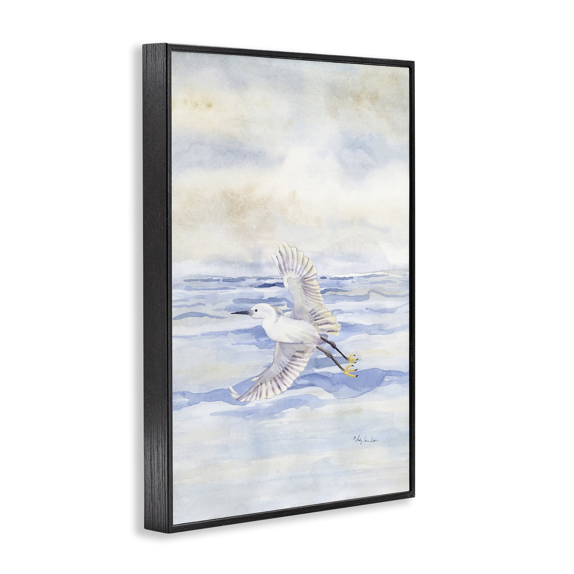 Stupell Industries Flying Heron Over Water Landscape Painting Black Framed Art Print Wall Art, 20 x 30