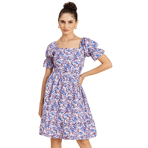 MoomayaWomens PrintedSquare Neck Summer Dress,Short PuffedSleeves Tiered Cotton Dress