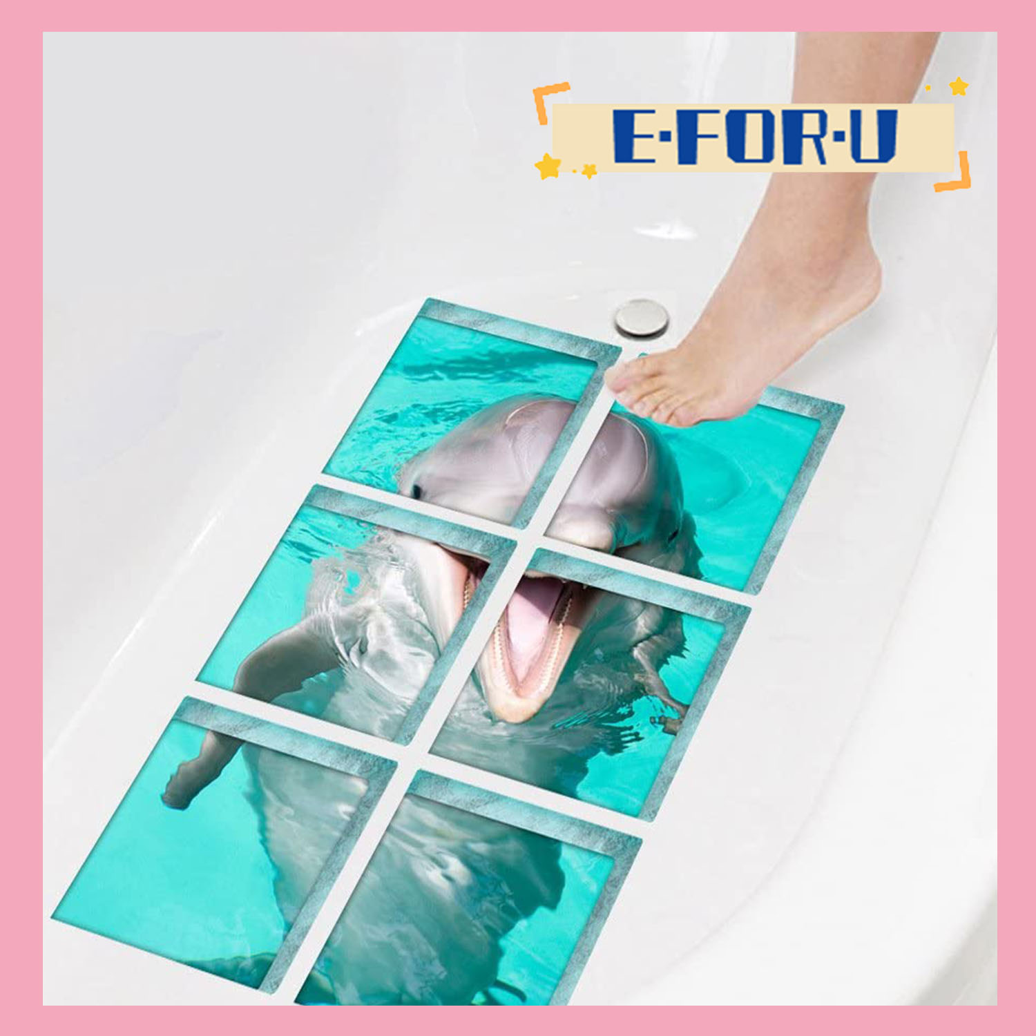 Bath Treads Stickers Dolphin Pattern Square 3D Adhesive Anti Slip Tub