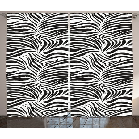 Home Fashions Zebra - Zebra Print Decor Curtains 2 Panels Set, Striped Zebra Animal Print Nature Wildlife Inspired Fashion Simple Illustration, Living Room Bedroom Accessories, By Ambesonne