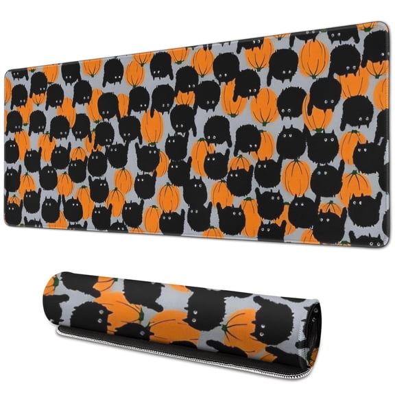 Long Mouse Pads for Desk,Halloween Black Cat Pumpkin Pattern Desk Mats on Top Of Desks, Desk Mouse Pad Extra Large with 3mm Non-Slip Base and Stitched Edge for Gaming,Office,Work,Home 31.5"x11.8"