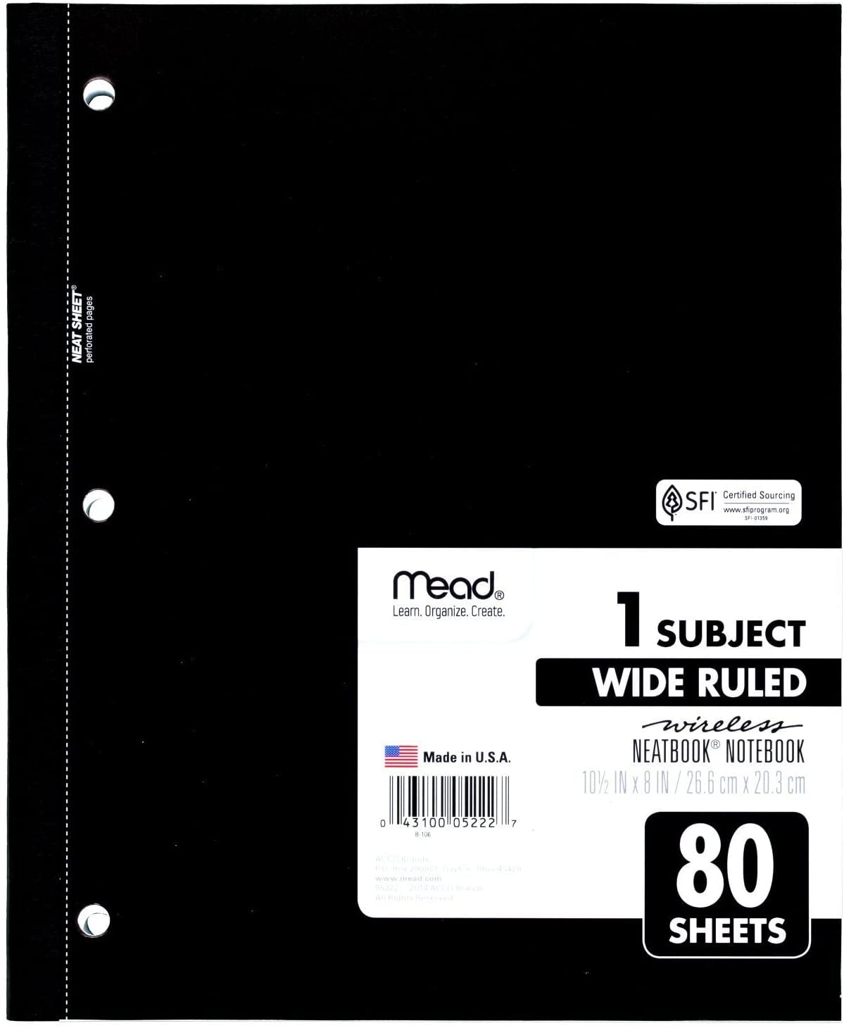 Mead Notebook, 1 Subject, Wide Ruled Paper, 80 Sheets, 101/2" x 8