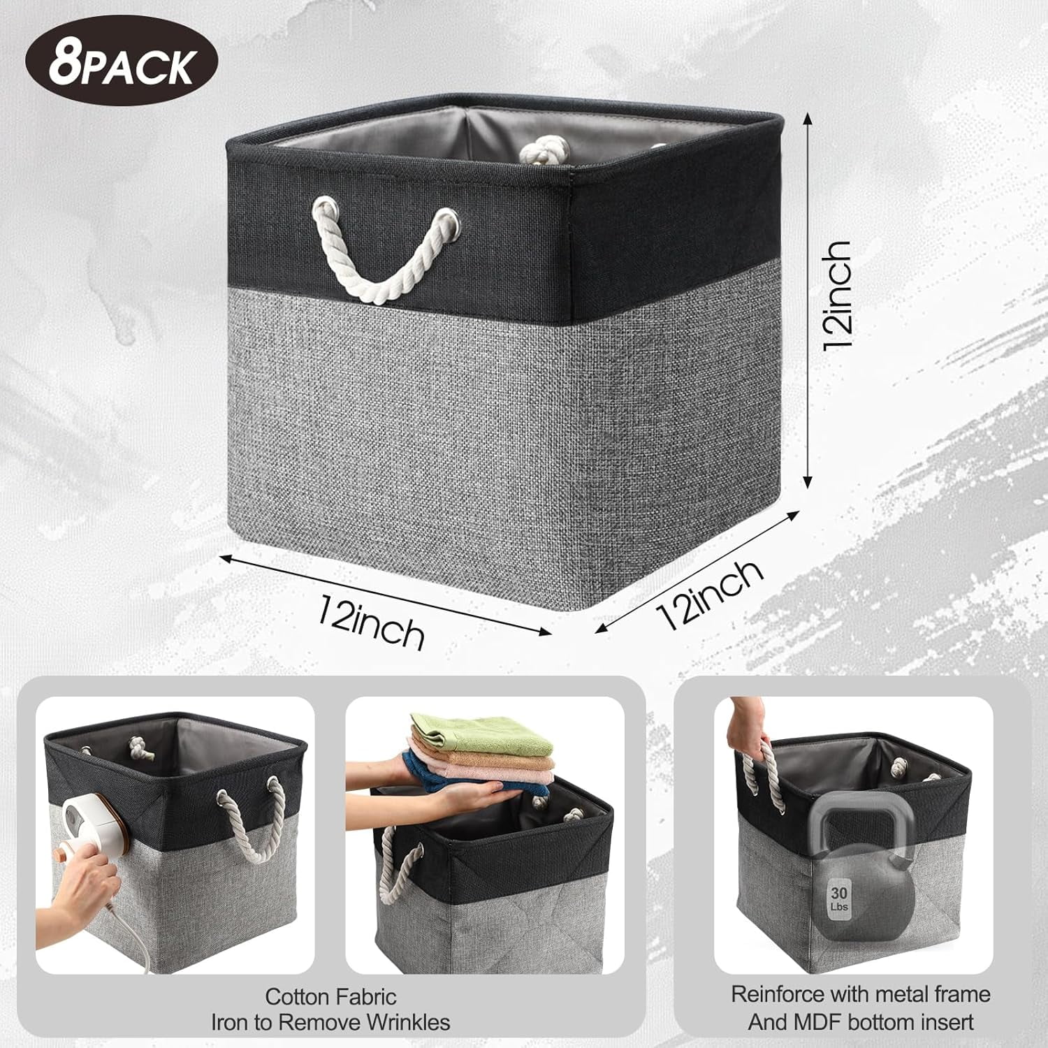 8 Pack Collapsible Storage Bins Fabric Storage Bins Polyester Fabric Baskets with Handles Linen Closet Organizer for Shelf Home Closet Towels Toys(12 x 12 x 12in,Black Gray)